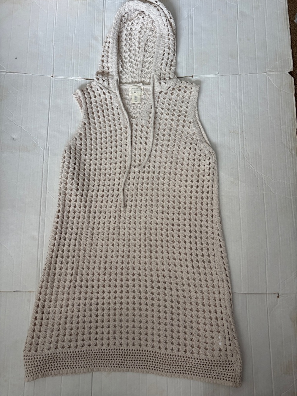 Sleeveless Hooded Crochet Tunic in Cream